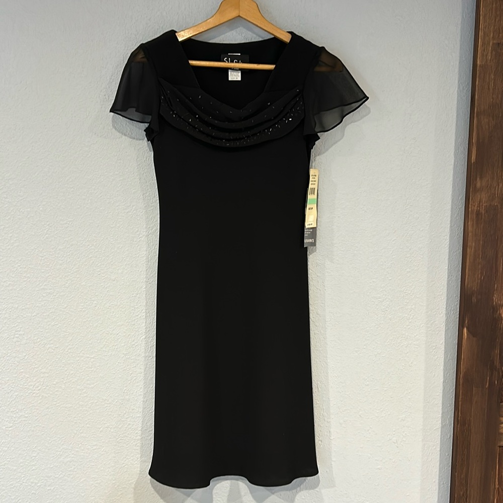 New S. L. Fashions formal black midi scoop neck dress Size 8 P